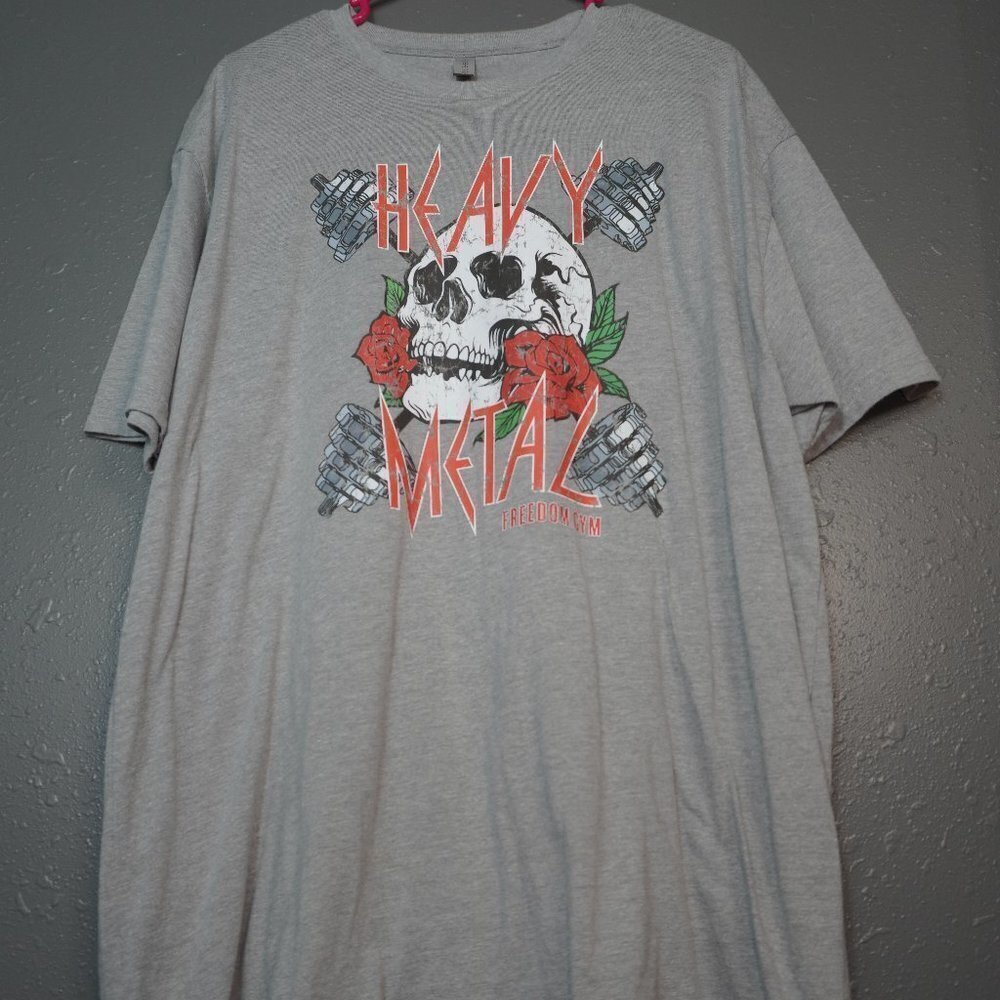 Next Level Mens Grey Heavy Metal Skull Gym Graphic Short Sleeve Shirt Size XXL